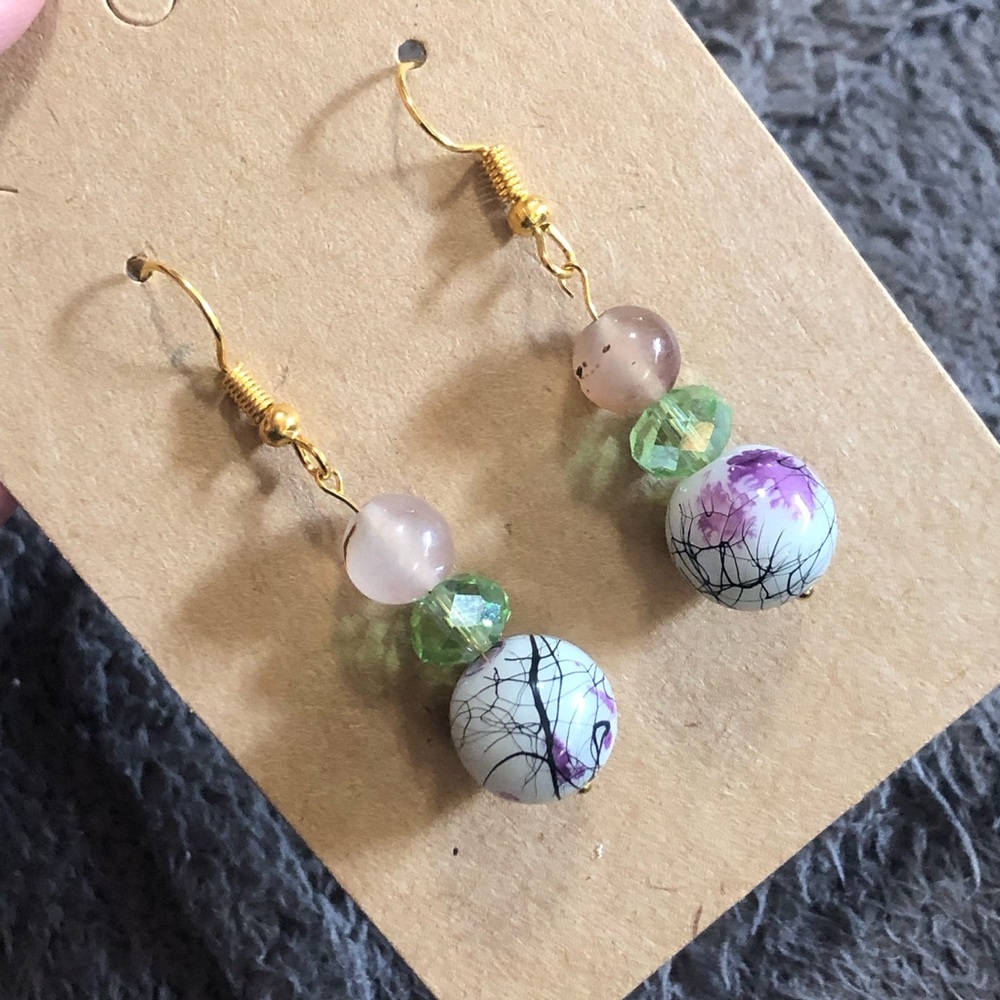 Handcrafted art glass genuine stone agate crystal rhondelle dangle earrings